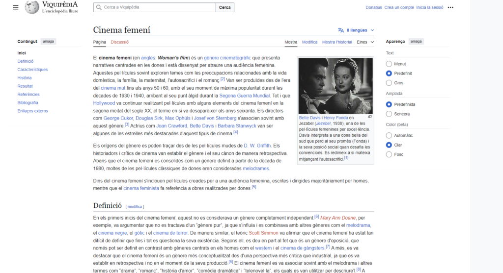 Imatge extreta de la següent web: Cinema femení. Tot i que és wikipedia, perla de la importància de l'existència de diverses pel·lícules amb una dona protagonista.